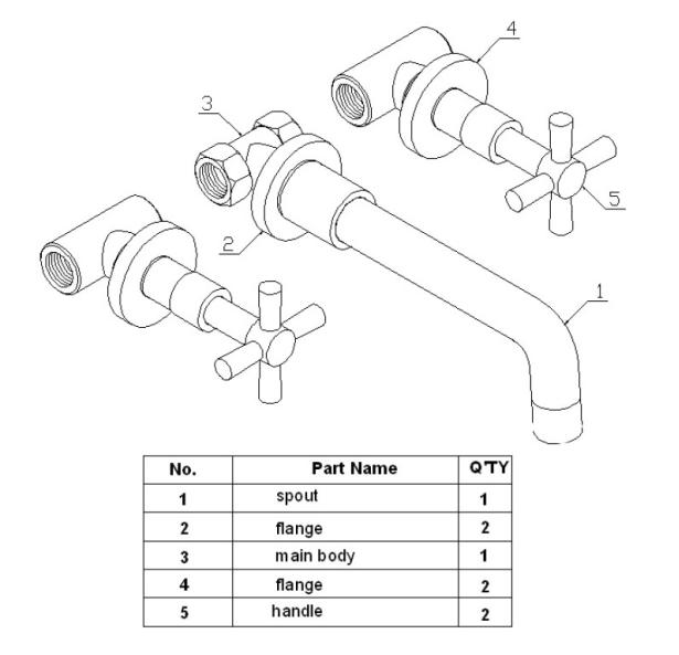 Brass 2 Cross Handle Wall Mounted Basin Taps , Ceramic Cartridge Faucet