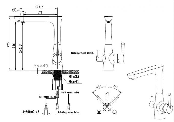 Ceramic Brass Double Handle Kitchen Tap Faucet , Three Way Kitchen Tap